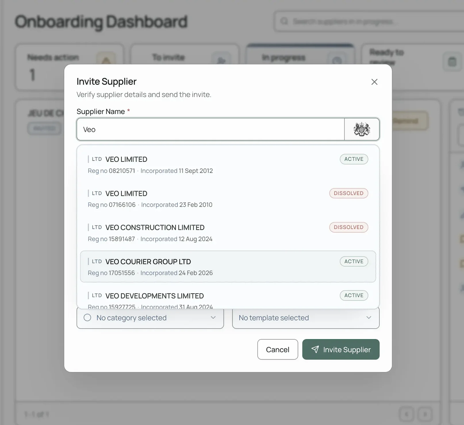 Vendor onboarding dashboard preview