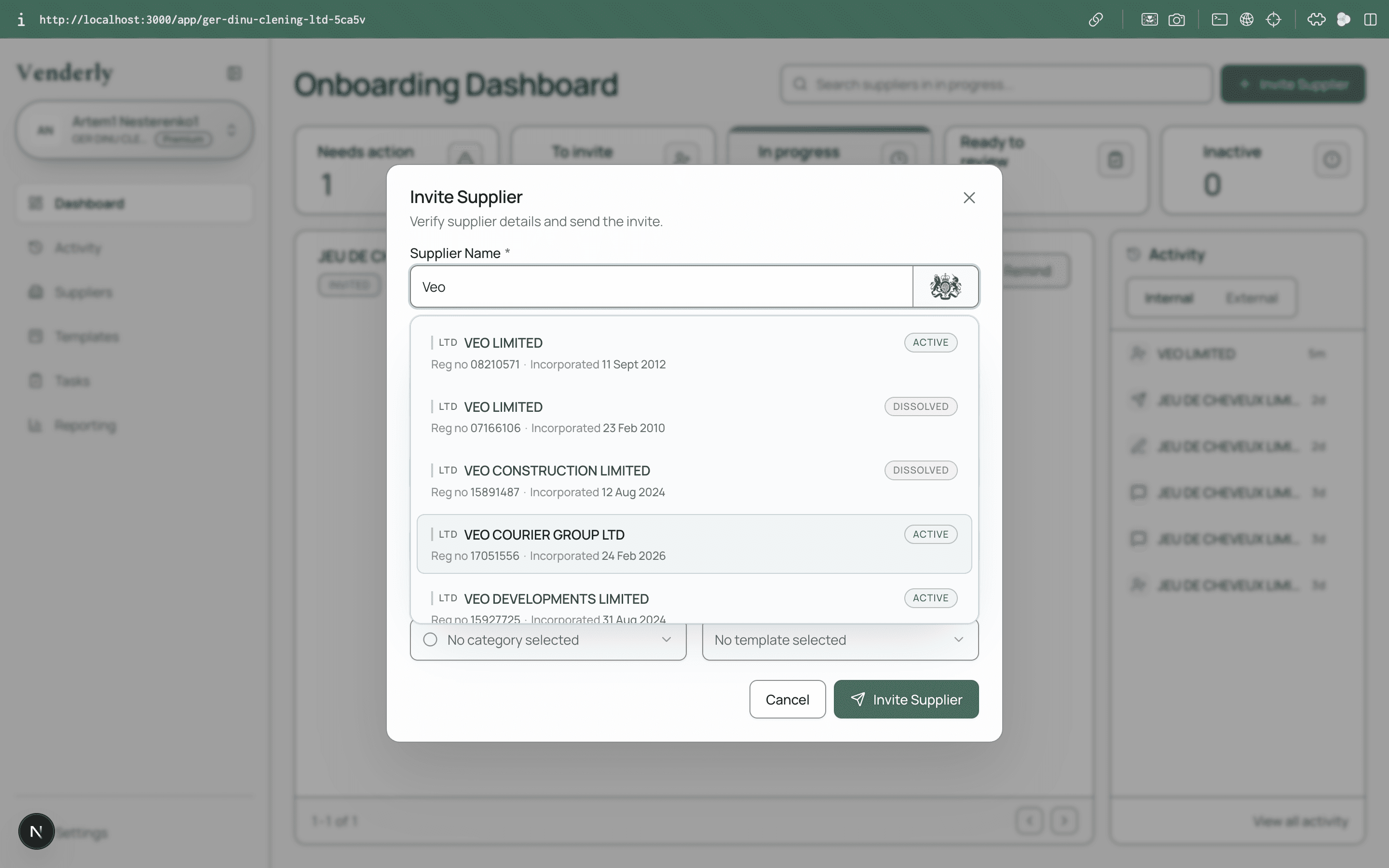Vendor onboarding dashboard preview